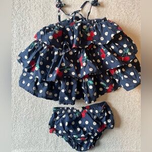 Tucker + Tate dress + diaper cover set. Blue polka dots & cherries, sz 6 month